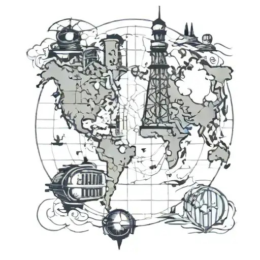 world map with radio tower tattoo design idea