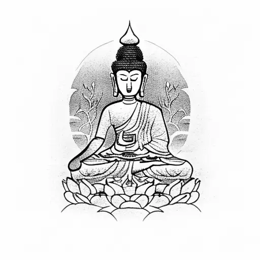 A serene Zen garden with a meditating Buddha statue tattoo design idea