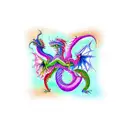 An abstract representation of two intertwined dragons, one vibrant and colorful representing good, and the other dark and shadowy representing evil. tattoo design idea