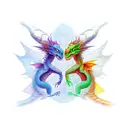 An abstract representation of two intertwined dragons, one vibrant and colorful representing good, and the other dark and shadowy representing evil. tattoo design idea