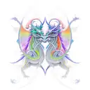 An abstract representation of two intertwined dragons, one vibrant and colorful representing good, and the other dark and shadowy representing evil. tattoo design idea