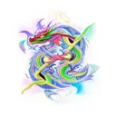 An abstract representation of two intertwined dragons, one vibrant and colorful representing good, and the other dark and shadowy representing evil. tattoo design idea