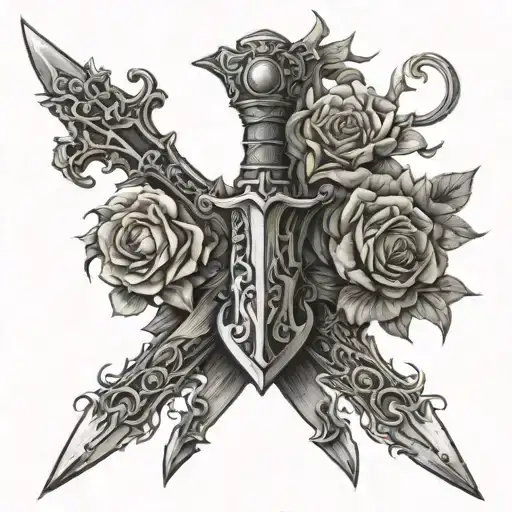 a spear crossed by two swords cover gas in vines and flowers tattoo design idea