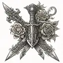 a spear crossed by two swords cover gas in vines and flowers tattoo design idea