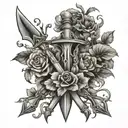 a spear crossed by two swords cover gas in vines and flowers tattoo design idea