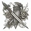 a spear crossed by two swords cover gas in vines and flowers tattoo design idea