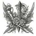 a spear crossed by two swords cover gas in vines and flowers tattoo design idea