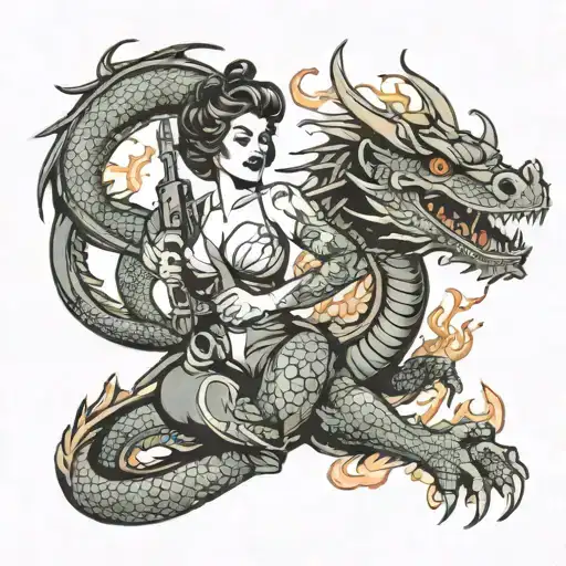 sexi army girl with weapons on fire breathing dragon tattoo design idea