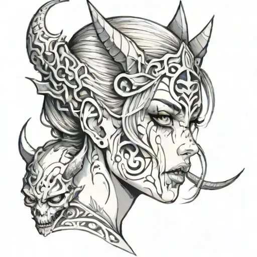 girl with half demon face tattoo design idea