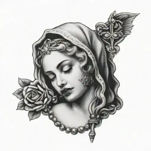 Madonna and rosary in hand tattoo design idea