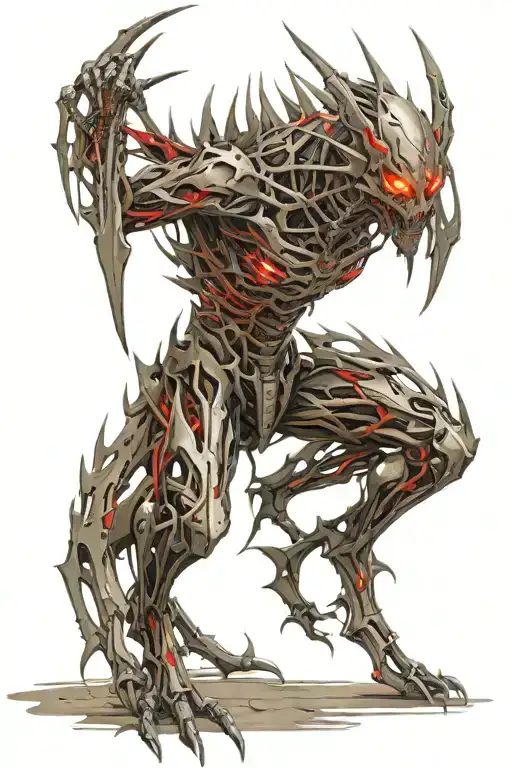 tall metallic 4 armed humanoid adorned in razor-sharp blades and thorns, glowing red eyes, standing ominously tattoo design idea