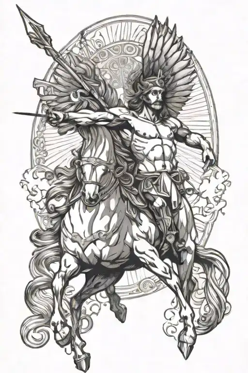 A centaur with a halo over his head, a bow and arrow in his hand, and angel wings with the scales of justice on his back tattoo design idea