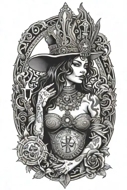 voodoo priestess tarot card surrounded tattoo design idea