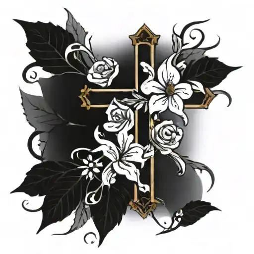 christian cross with flowers tattoo design idea