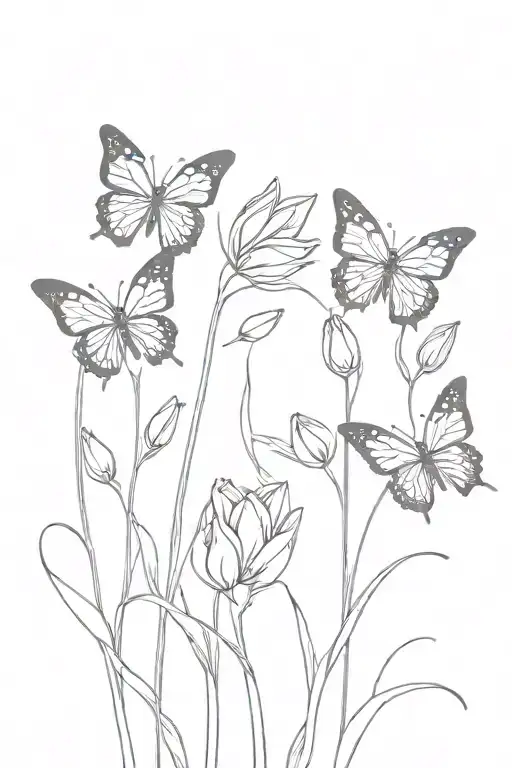 tulips and butterflies fluttering tattoo design idea