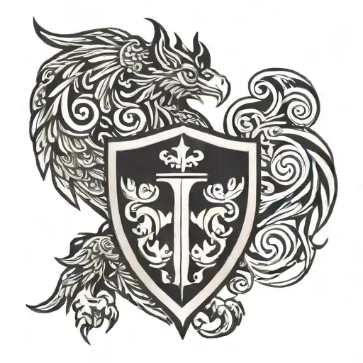 griffin with a shield on its chest and the shield has a cross  tattoo design idea