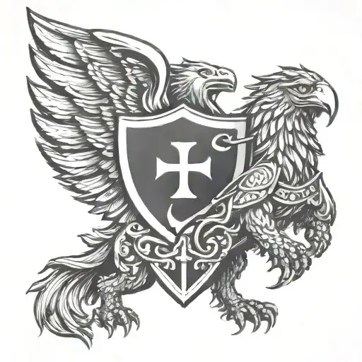 griffin with a shield on its chest and the shield has a cross  tattoo design idea