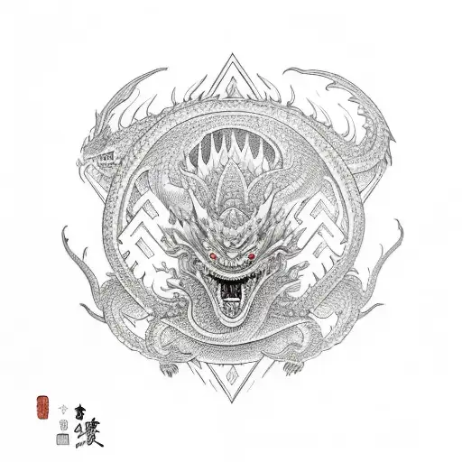moneky king controlling a dragon with onimask tattoo design idea