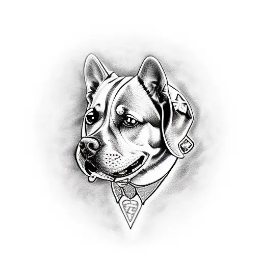 A realistic portrait of a dog with a Les Paul guitar collar tattoo design idea