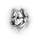 A realistic portrait of a dog with a Les Paul guitar collar tattoo design idea