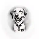 A realistic portrait of a dog with a Les Paul guitar collar tattoo design idea