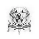 A realistic portrait of a dog with a Les Paul guitar collar tattoo design idea