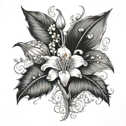 Lilly of the valley flower and White larkspur flower and cosmos flower. tattoo design idea