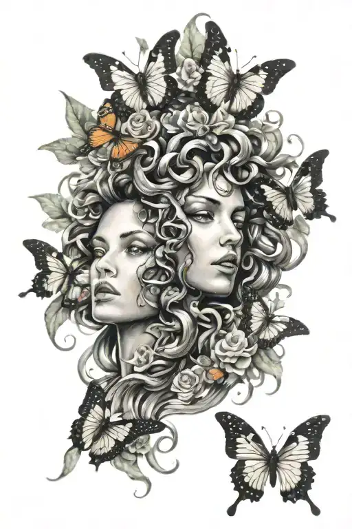 Medusa with flowers and butterflies fluttering on my thigh I want it to be super realistic  tattoo design idea
