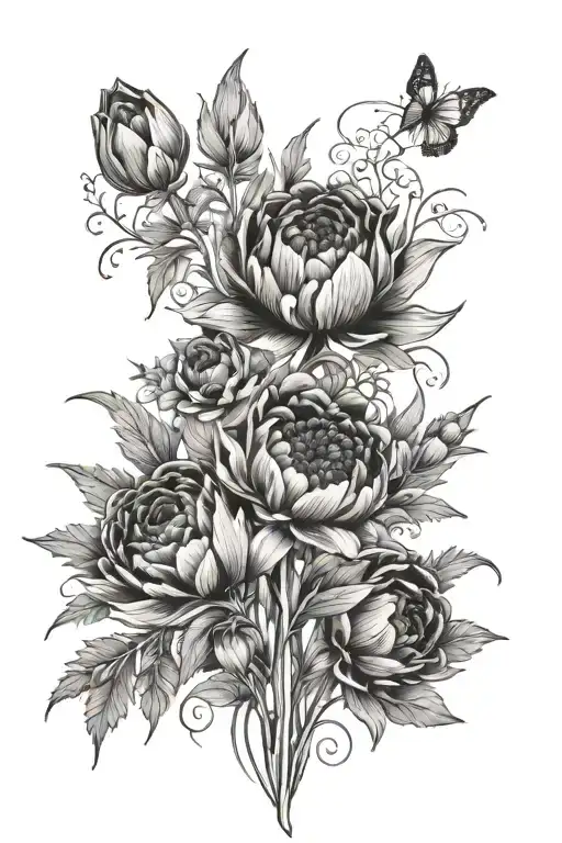 larkspur, tulip, aster, thistle, clover, Canada anemone tattoo design idea