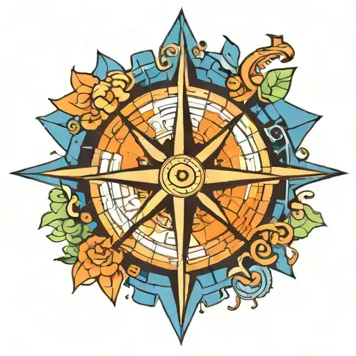A traditional style tattoo of a compass rose surrounded by mosaic patterns representing different travel destinations, with a color scheme of blue and orange tattoo design idea