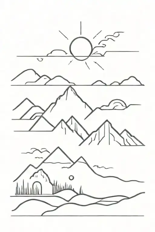 sun, ocean, coast, mountains tattoo design idea