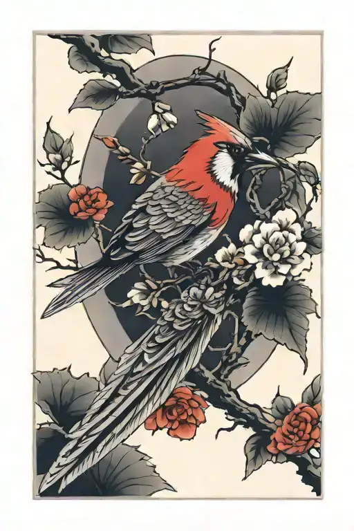 traditional Japanese sleeve with a cardinal and hummingbird tattoo design idea