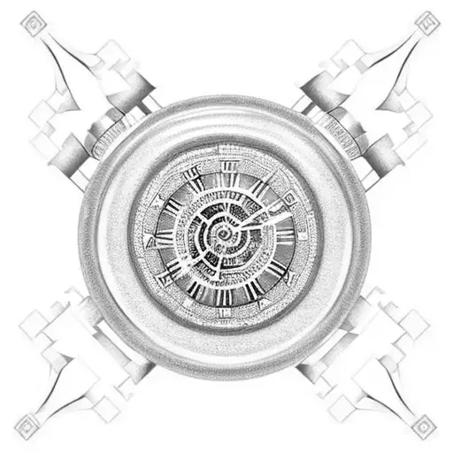 gold pocket watch surrounded by gears and a gold chain with the pi symbol on the face tattoo design idea