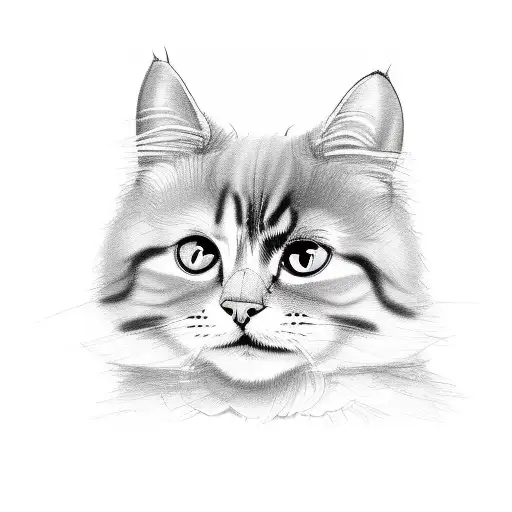 Create a delightful sketch illustration of a charming, fluffy cat. Show the cat in a playful and endearing pose, perhaps tattoo design idea