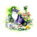 "Create a charming watercolor illustration of an adorable cat in a whimsical garden setting. Show the cat in a playful o tattoo design idea