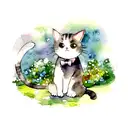 "Create a charming watercolor illustration of an adorable cat in a whimsical garden setting. Show the cat in a playful o tattoo design idea