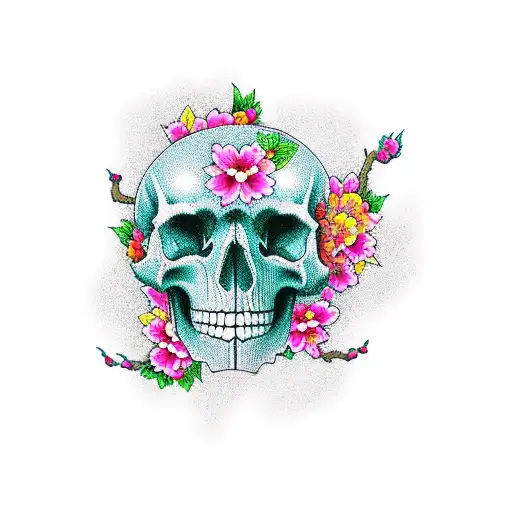 sleeve with skulls and asian cherry blossom with color tattoo design idea