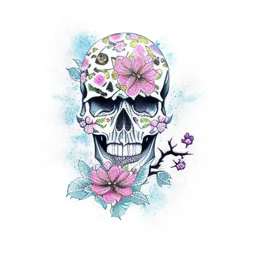 full sleeve with skulls and asian cherry blossom with color tattoo design idea
