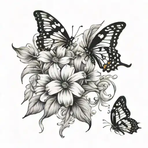 Daisy sweet pea and aster flowers with butterflies tattoo design idea