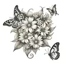 Daisy sweet pea and aster flowers with butterflies tattoo design idea