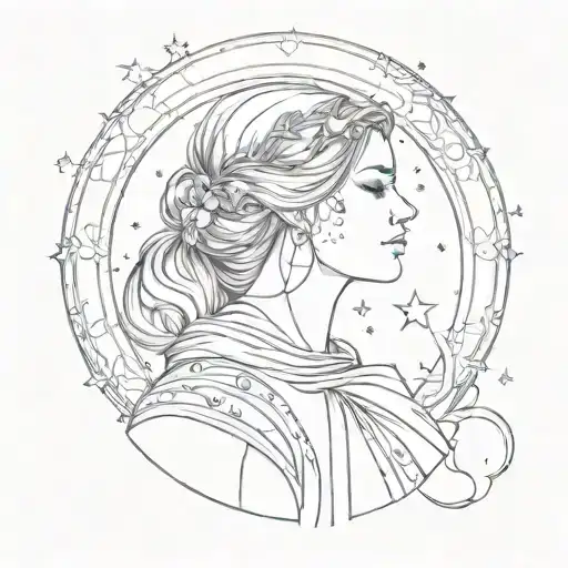 virgo woman holding the virgo constellation with a moon in the background  tattoo design idea