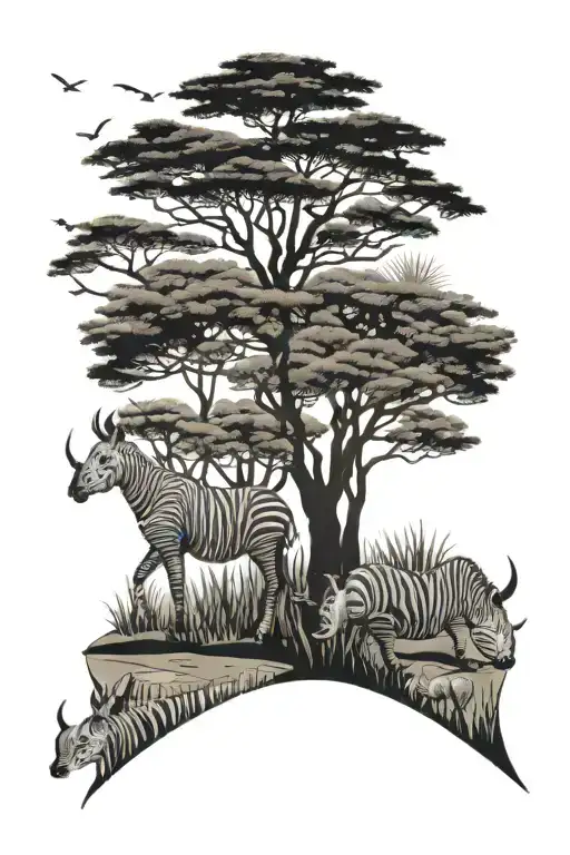 African savannah with rhinoceros zebra giraffe tree pond tattoo design idea