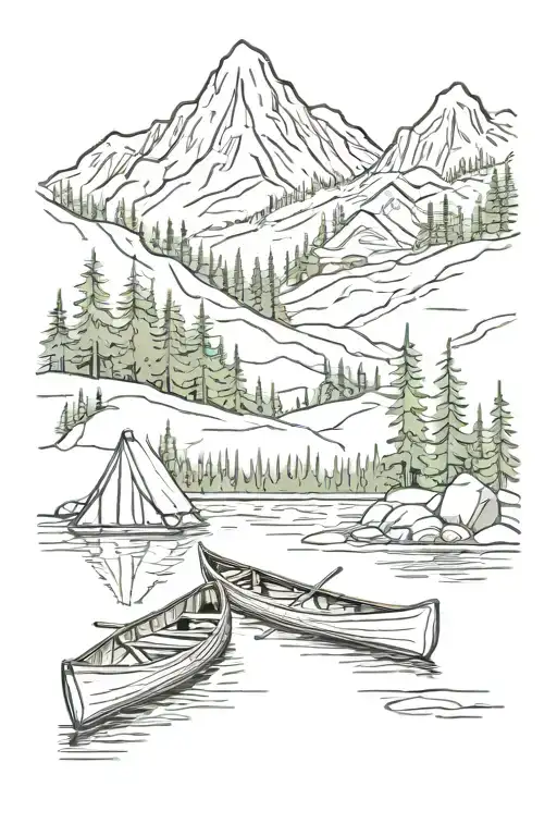 Mountain canoe camping scene tattoo design idea