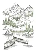 Mountain canoe camping scene tattoo design idea