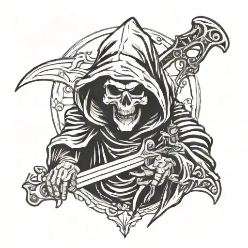 Grim reaper holding blade saying Resurrection tattoo design idea