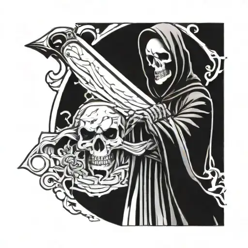 Grim reaper holding scythe blade saying Resurrection tattoo design idea