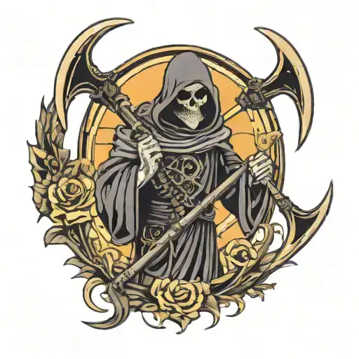 Grim reaper holding a scythe with blade saying Resurrection tattoo design idea