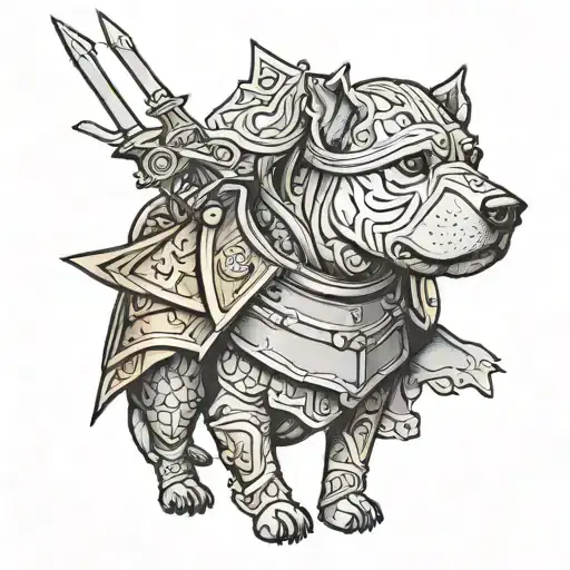 dog in knight armor holding pike tattoo design idea