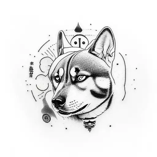 The head of a Shiba Inu dog with the third eye of enlightenment located on the forehead tattoo design idea