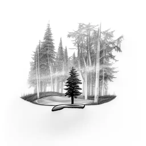 A sketch style tattoo of a golf course landscape with a hidden husky silhouette tattoo design idea